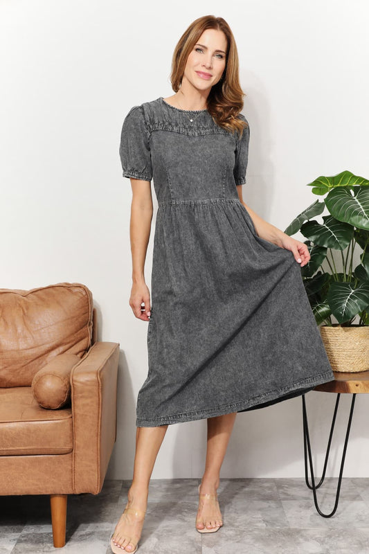 And The Why  Full Size Washed Chambray Midi Dress - Posh Country Lifestyle Marketplace