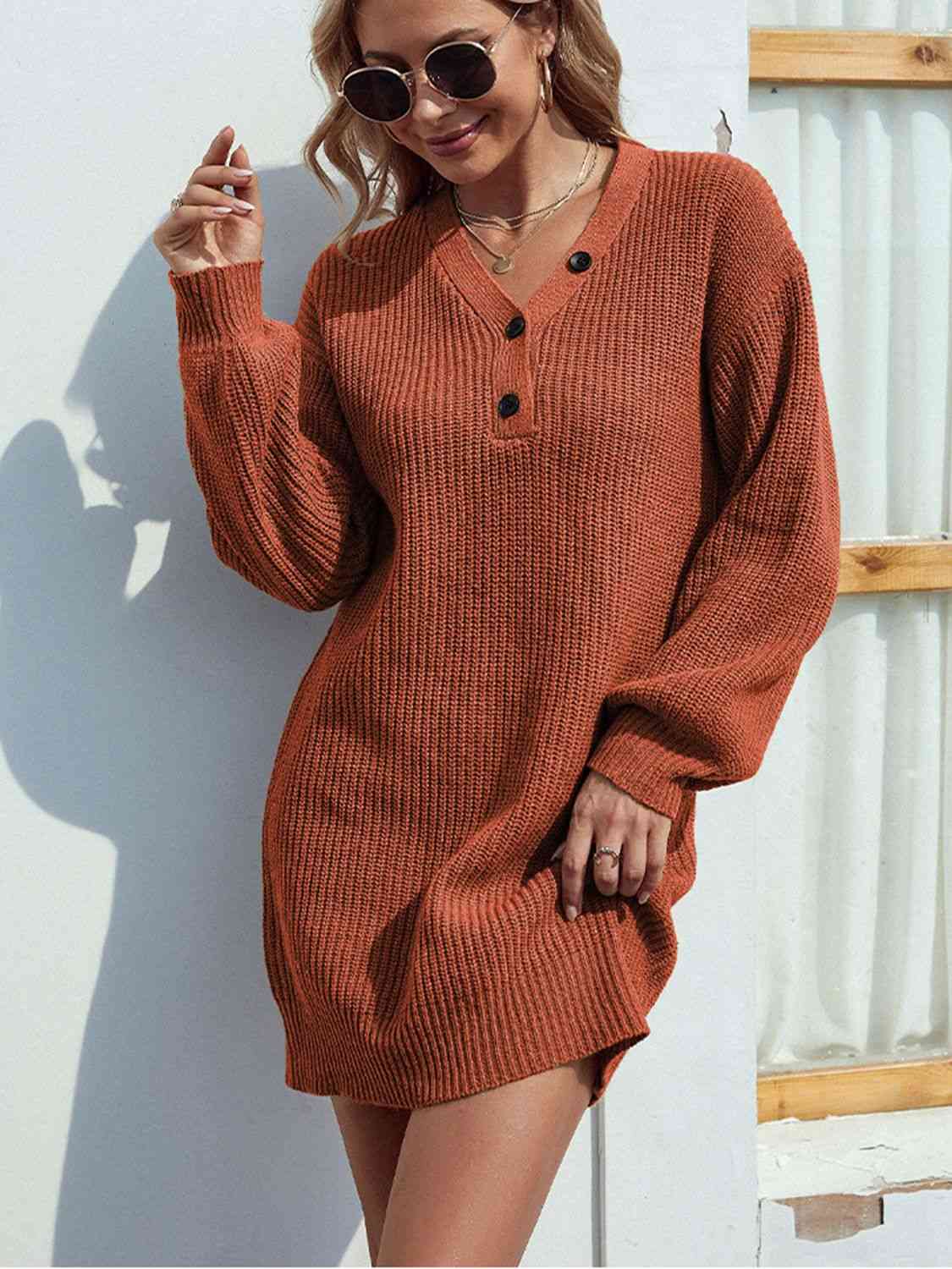 Buttoned V-Neck Sweater Dress - Posh Country Lifestyle Marketplace
