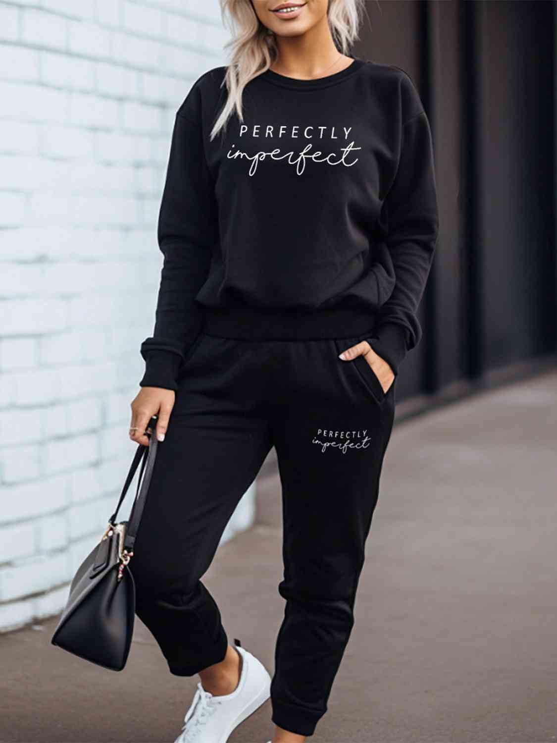 PERFECTLY IMPERFECT Graphic Sweatshirt and Sweatpants Set - Posh Country Lifestyle Marketplace