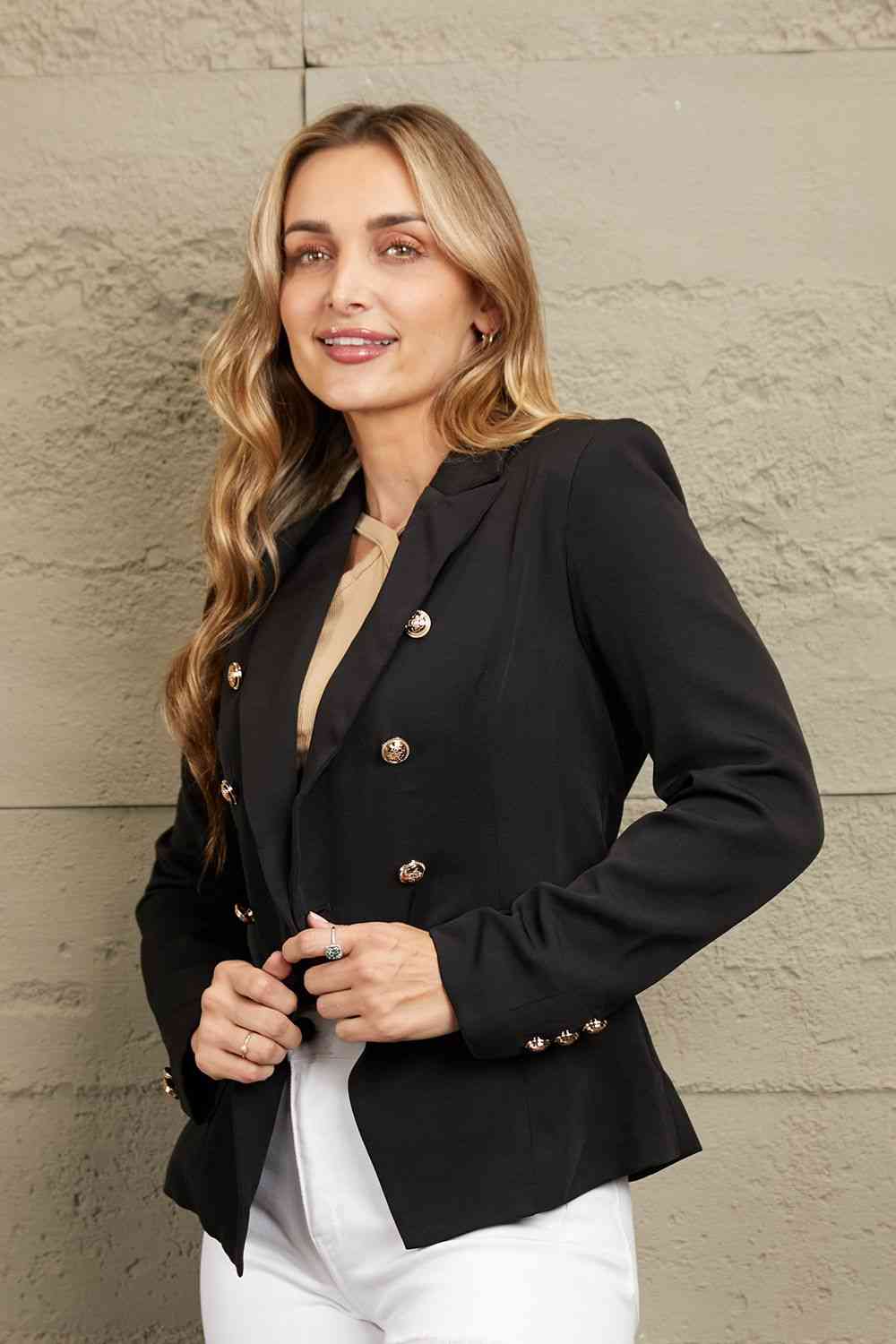 Double Take Double-Breasted Padded Shoulder Blazer - Posh Country Lifestyle Marketplace