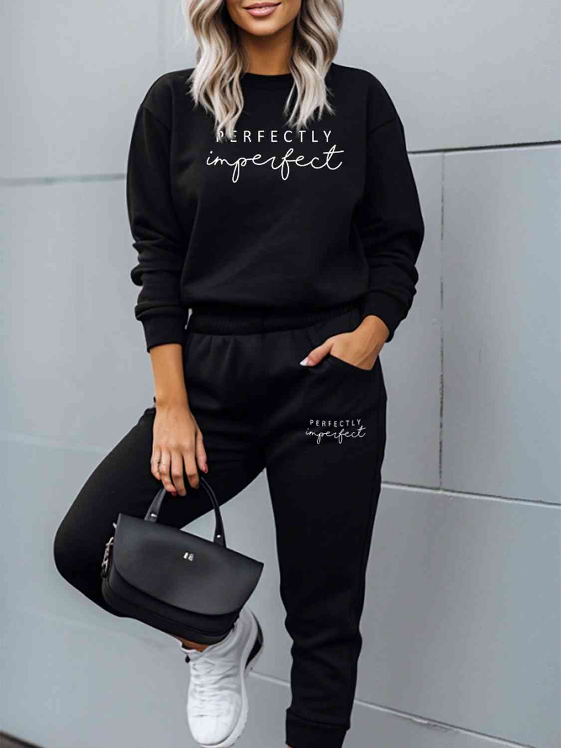 PERFECTLY IMPERFECT Graphic Sweatshirt and Sweatpants Set - Posh Country Lifestyle Marketplace