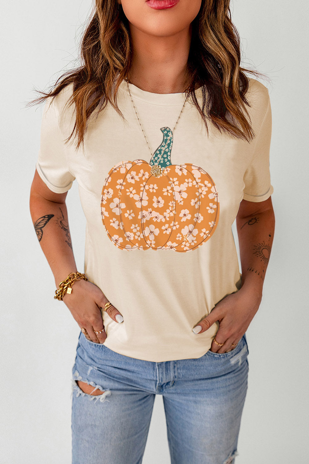 Pumpkin Graphic Round Neck Cuffed T-Shirt - Posh Country Lifestyle Marketplace