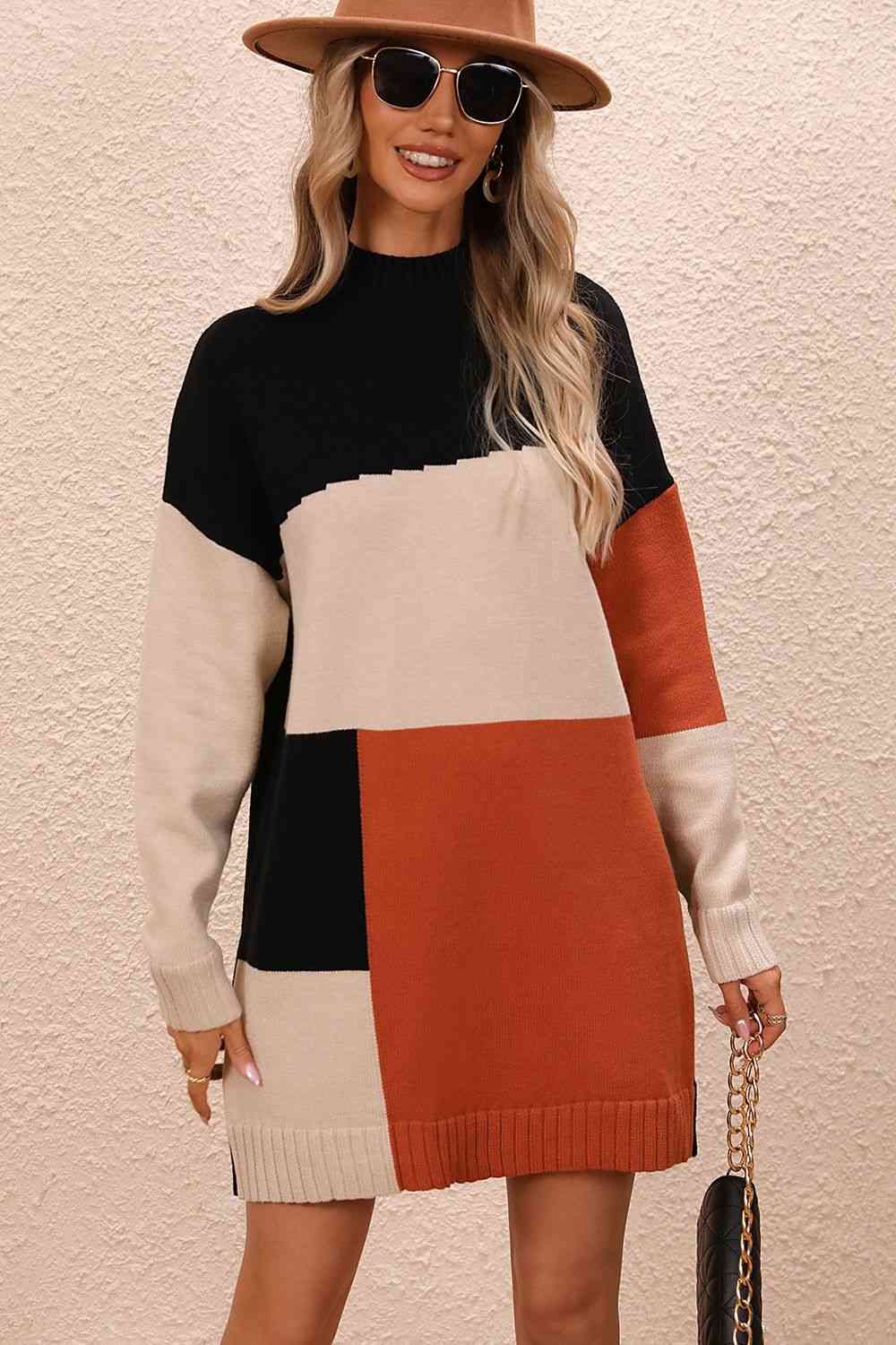Color Block Mock Neck Dropped Shoulder Sweater Dress - Posh Country Lifestyle Marketplace