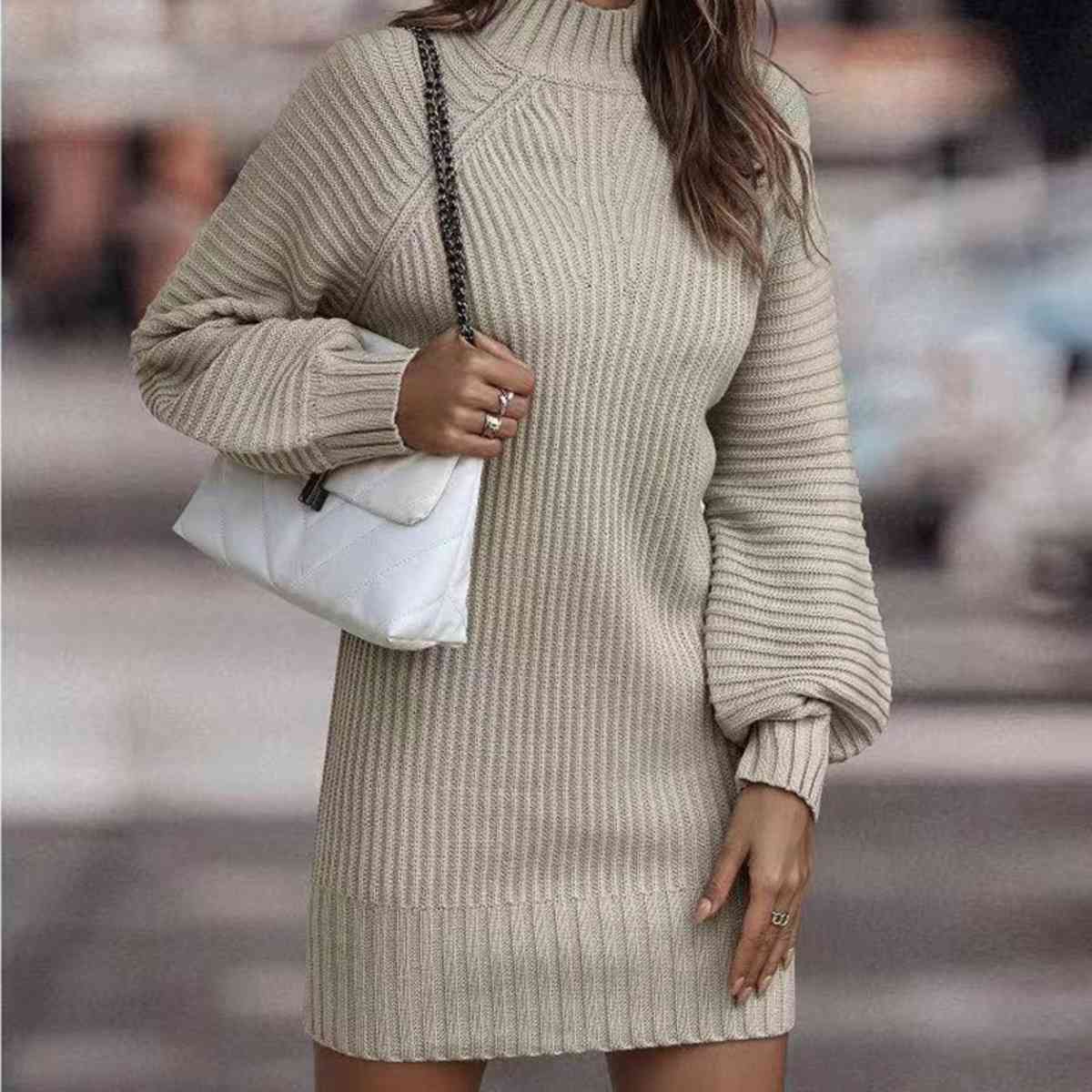 Mock Neck Lantern Sleeve Sweater Dress - Posh Country Lifestyle Marketplace