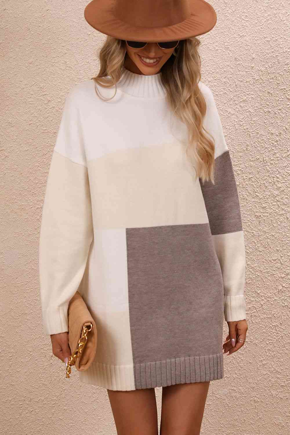 Color Block Mock Neck Dropped Shoulder Sweater Dress - Posh Country Lifestyle Marketplace