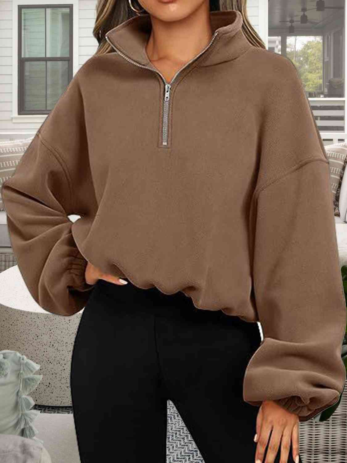 Half-Zip Collared Drop Shoulder Sweatshirt - Posh Country Lifestyle Marketplace